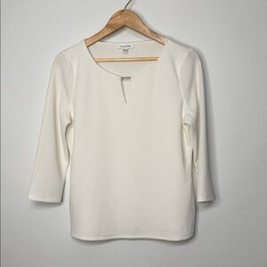 Calvin Klein White Textured-Knit 3/4 Sleeve Keyhole Top Size Large
